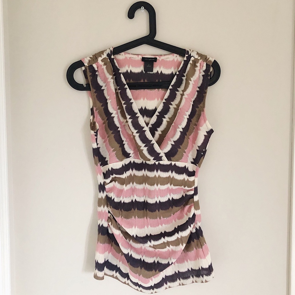 Striped pink Ann Taylor wrap tank top with ruched details